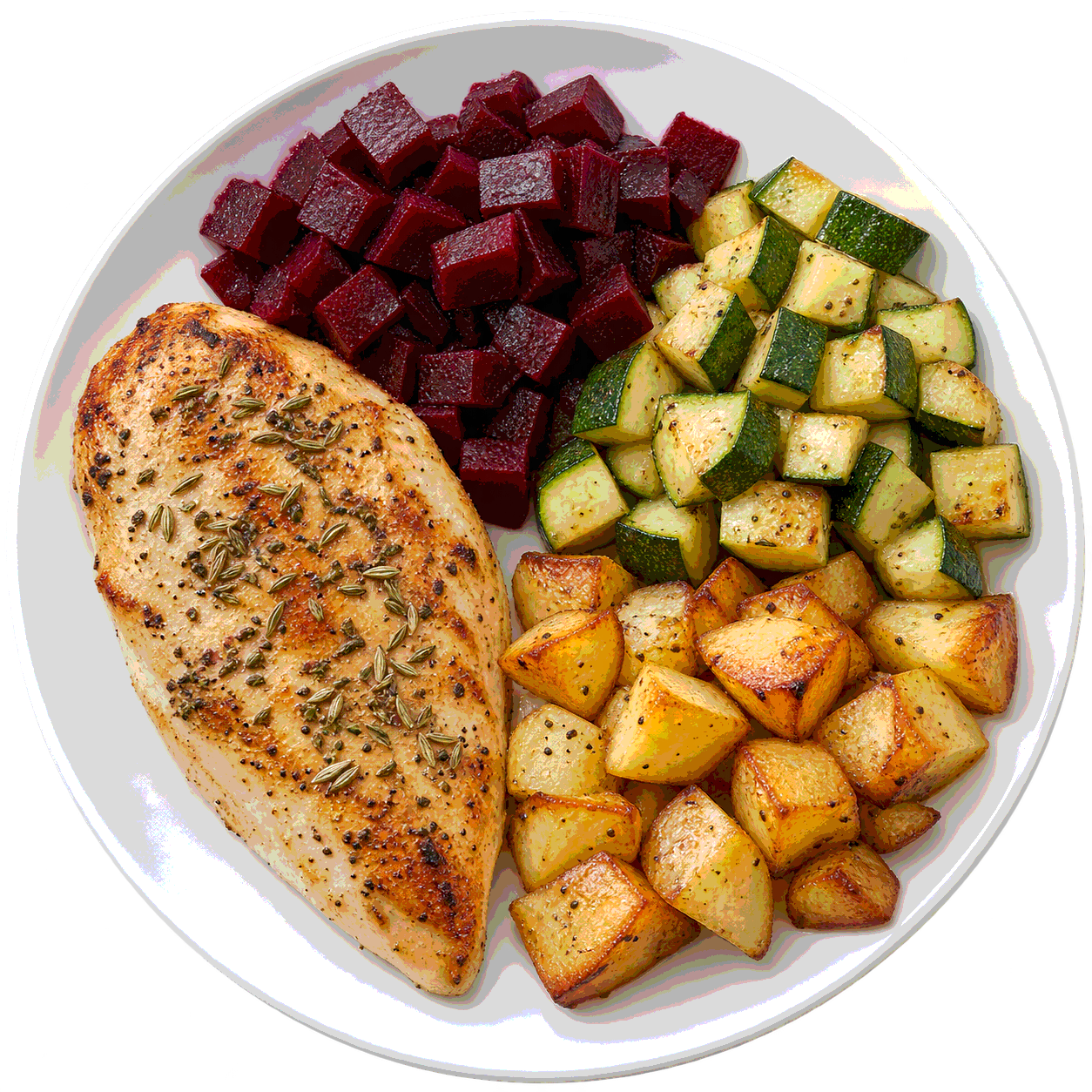 Pollo al hinojo con vegetales y papas al horno