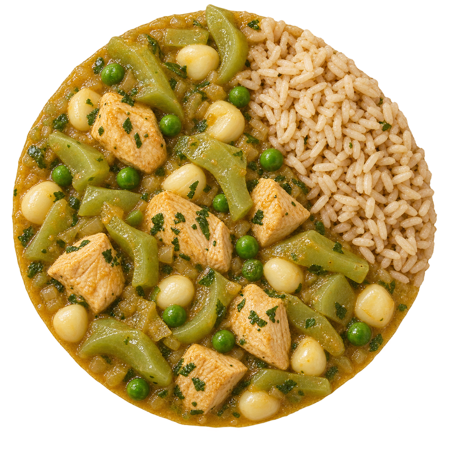 Guiso de caigua con pollo y arroz integral