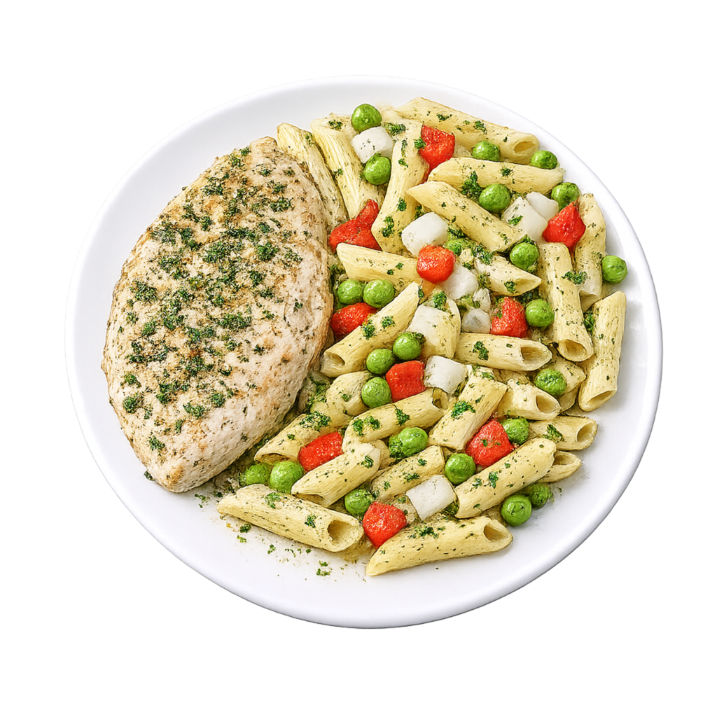 Pollo al orégano con pasta y vegetales