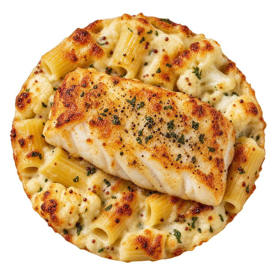 Pescado con coliflor gratinada con pasta a la mostaza