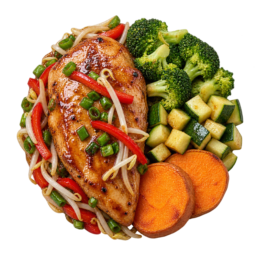 Pollo al sillao con verduras orientales