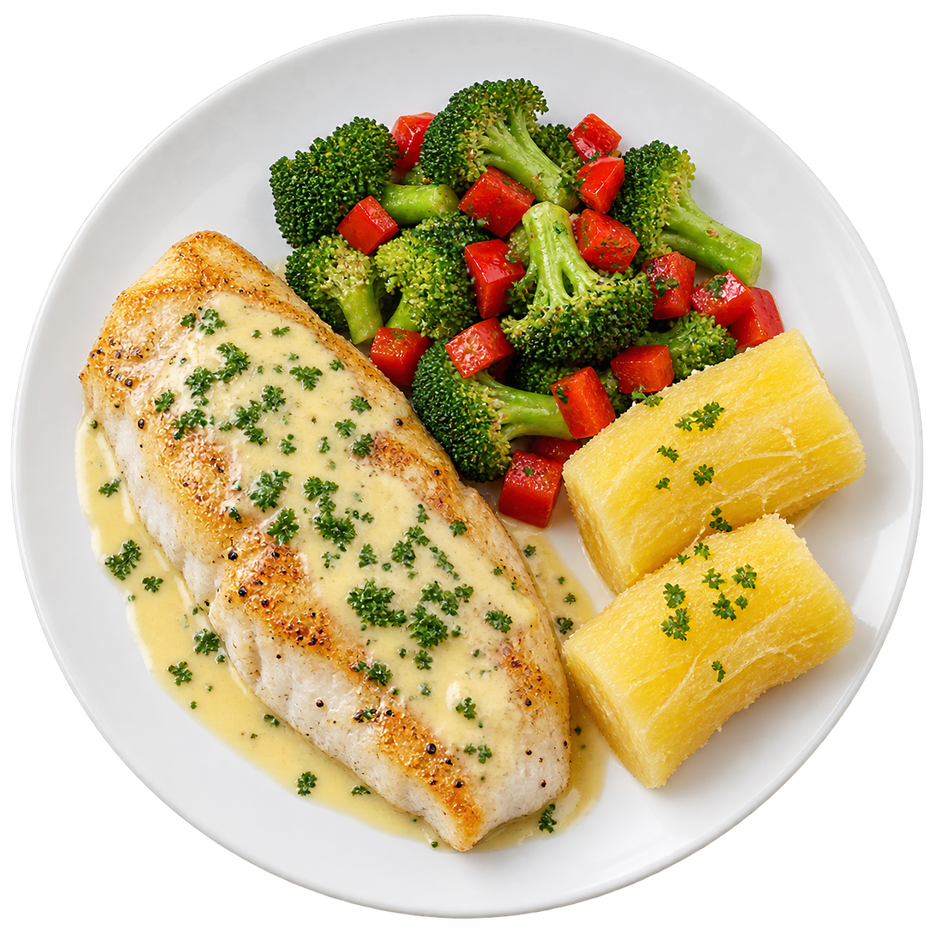 Pescado al limón con vegetales y yuca