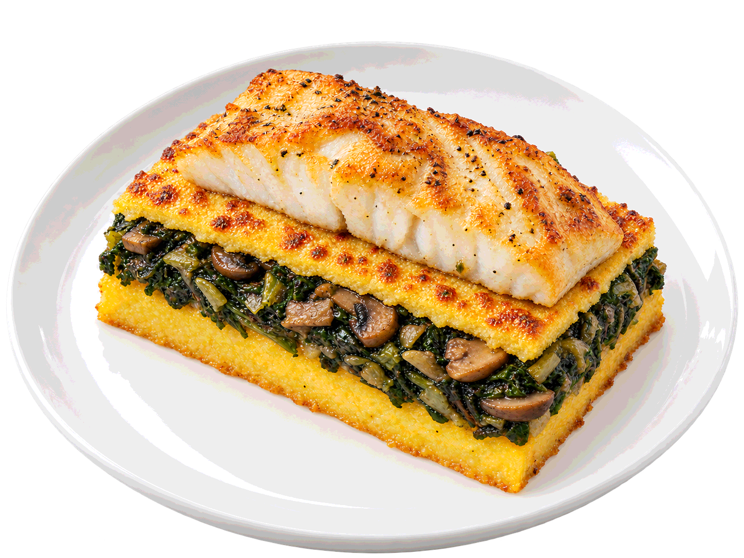 Pastel de polenta con pescado al horno y champiñones