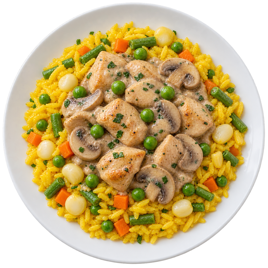 Pollo en salsa de champiñones con arroz jardinera