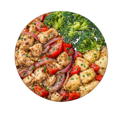 Salteado de pollo con vegetales y papas al horno