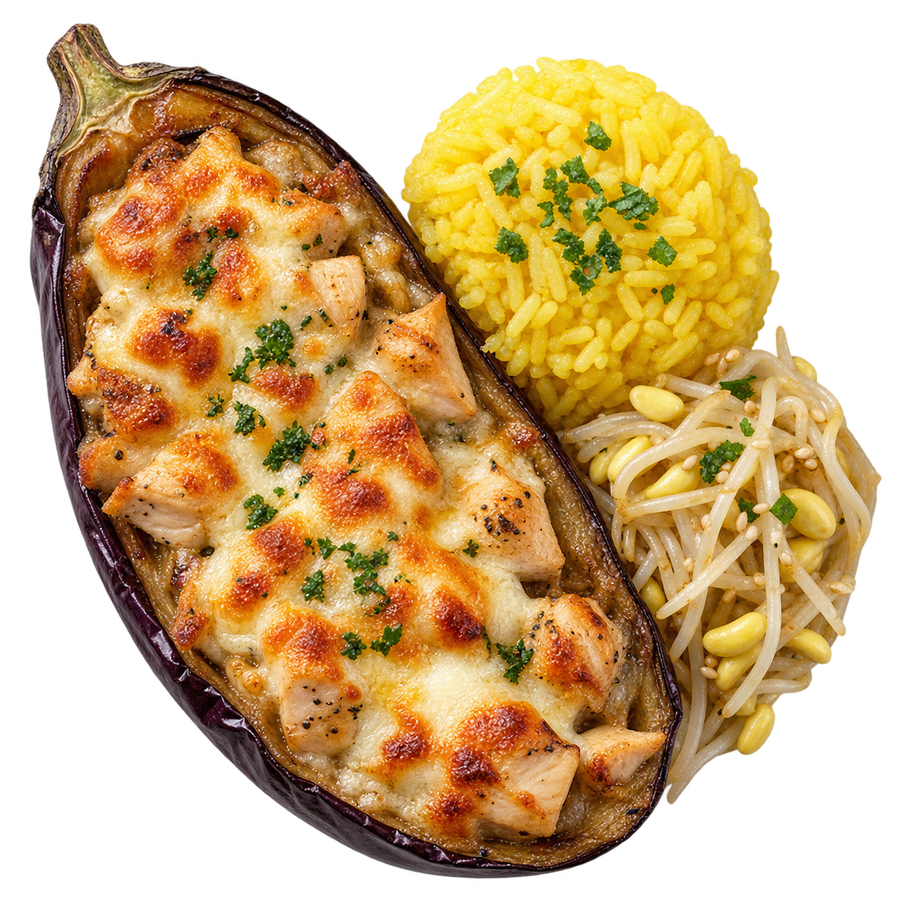 Berenjena rellena de pollo con arroz amarillo