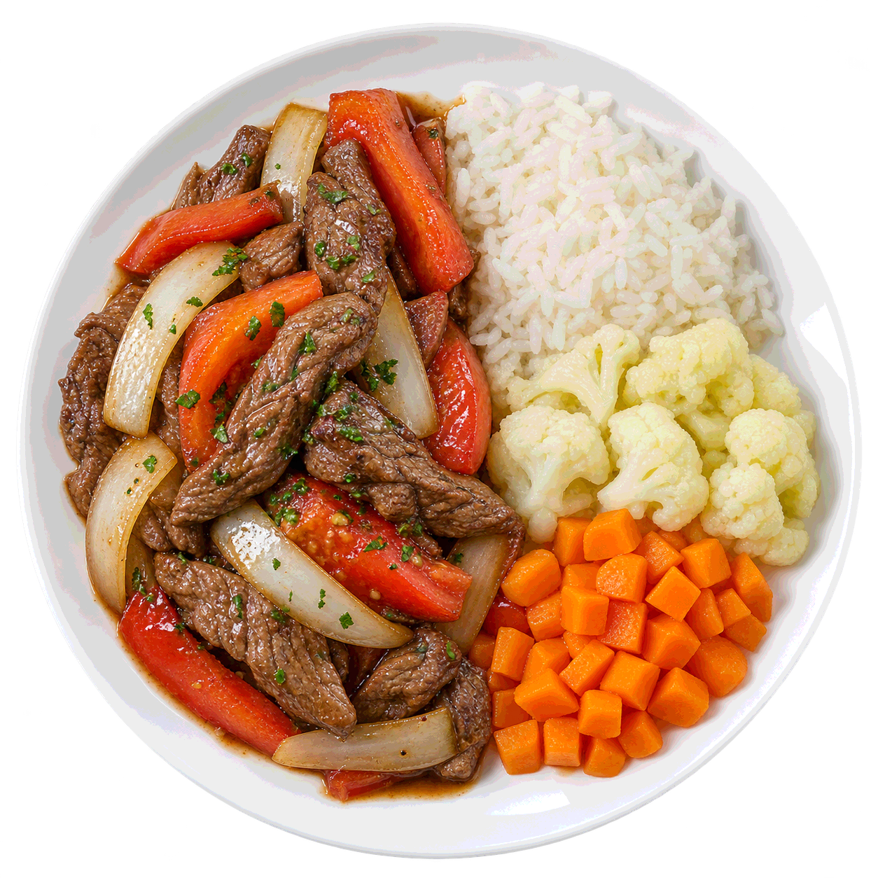 Saltado de res con vegetales y arroz