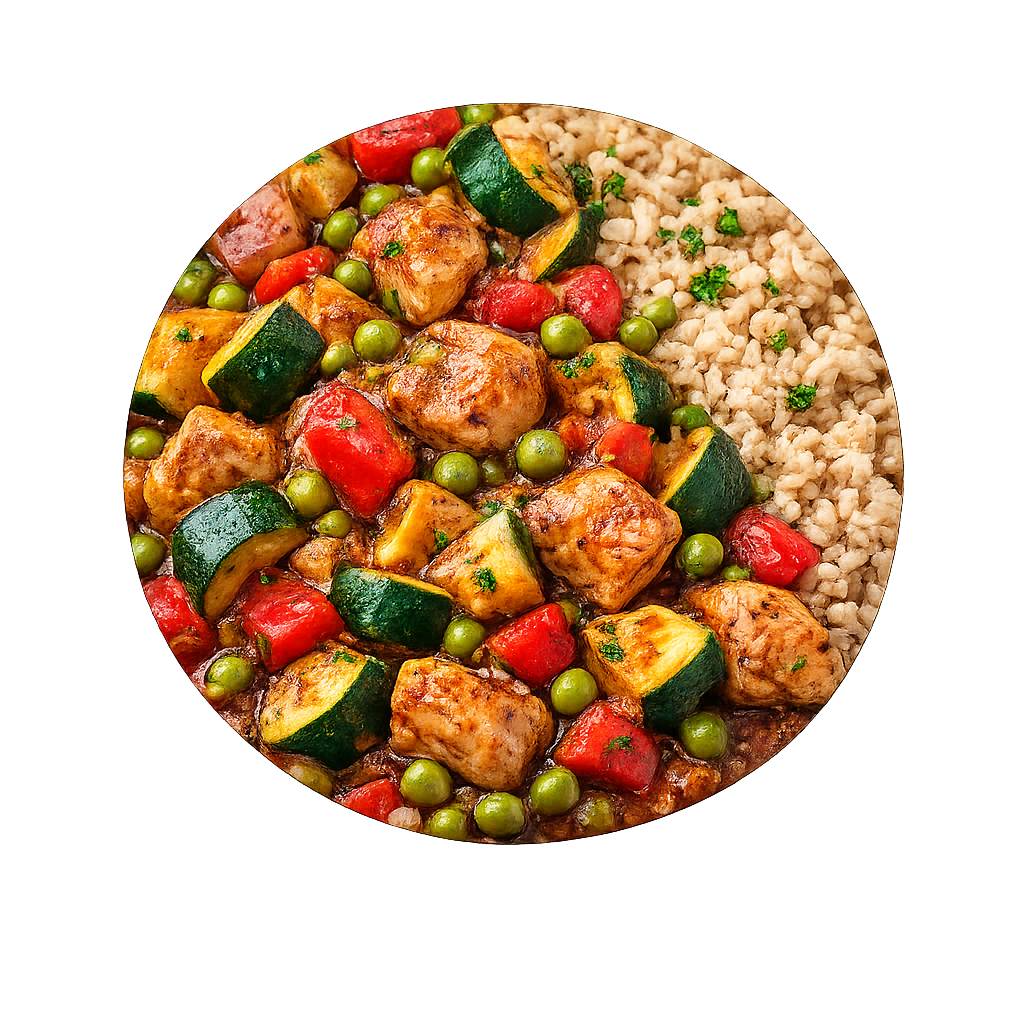 Guiso de zucchini con pollo y arroz integral