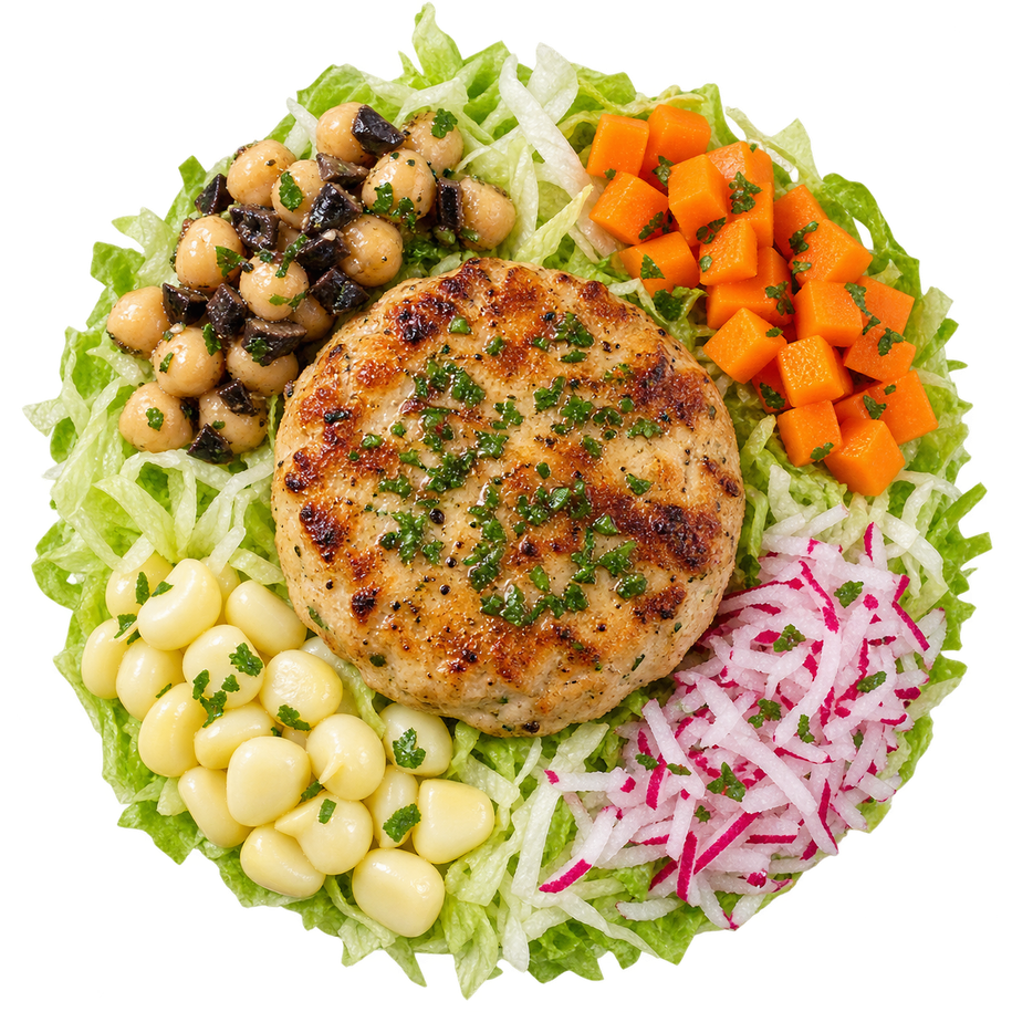 Hamburguesa casera de pollo con garbanzos al olivo