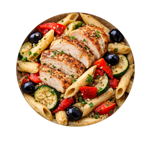 Pollo con pasta mediterránea
