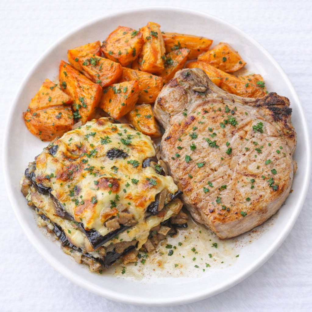 Pastel de berenjena con chuleta