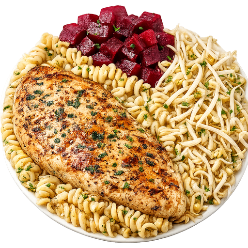 Pollo a las finas hierbas con pasta y vegetales
