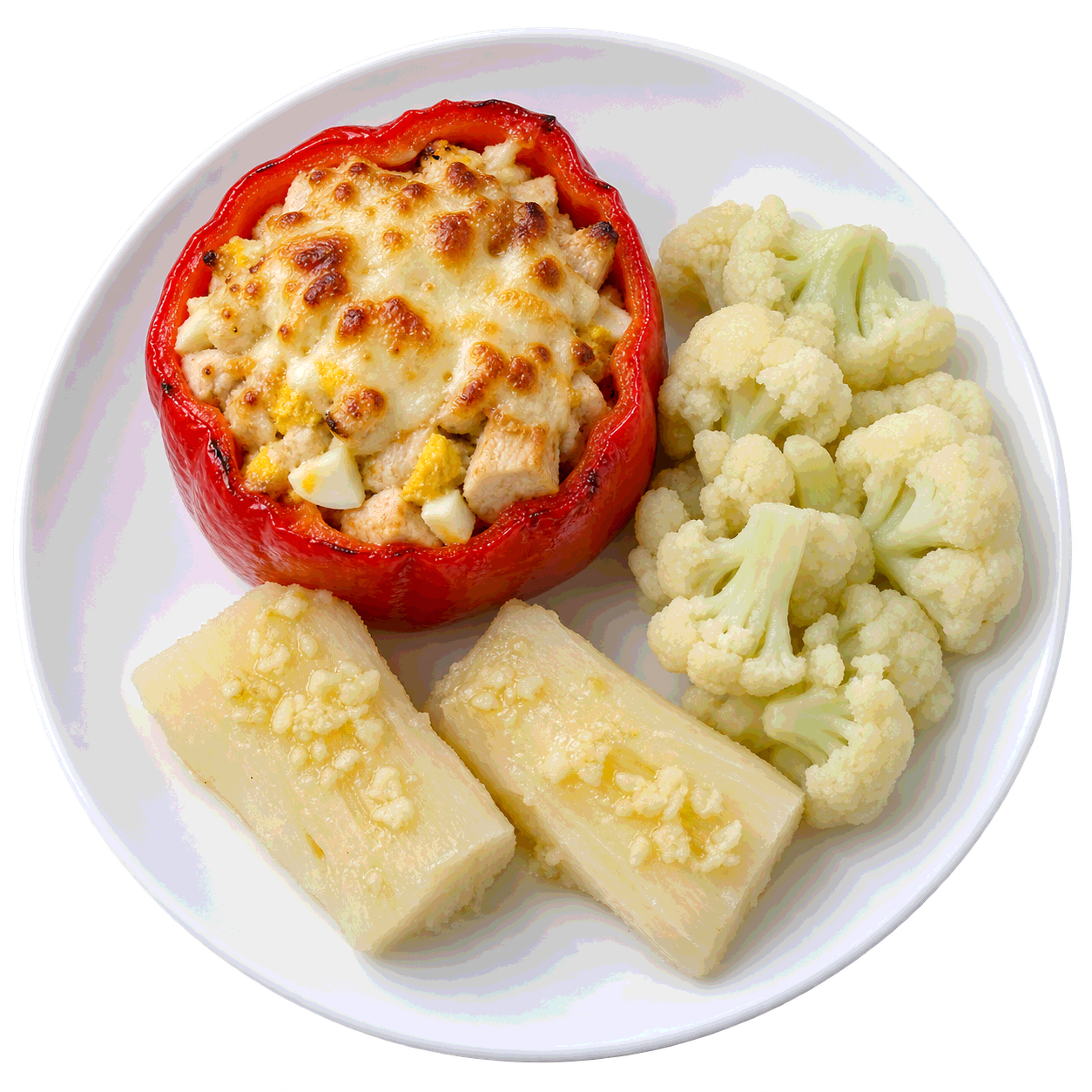 Pimiento relleno de pollo con queso gratinado con yucas al ajo